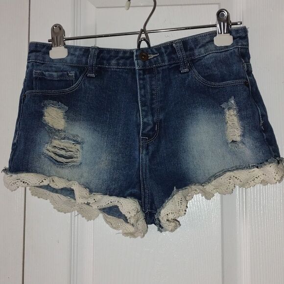 Forever 21 distress jean shorts with lace trim  Sz 27 - Picture 1 of 5